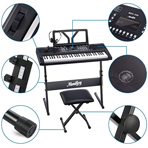 Moukey MEK-200 Electric Keyboard Portable Piano Keyboard Music Kit with  Stand, Bench, Headphone, Microphone & Sticker, 61 Key Keyboard, Black
