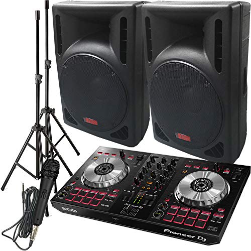 DJ System - Pioneer DJ Controller DDJ-SB3 - Serato DJ Lite Software - 2400  Watts of Powered DJ Speakers w/Stands and Mic